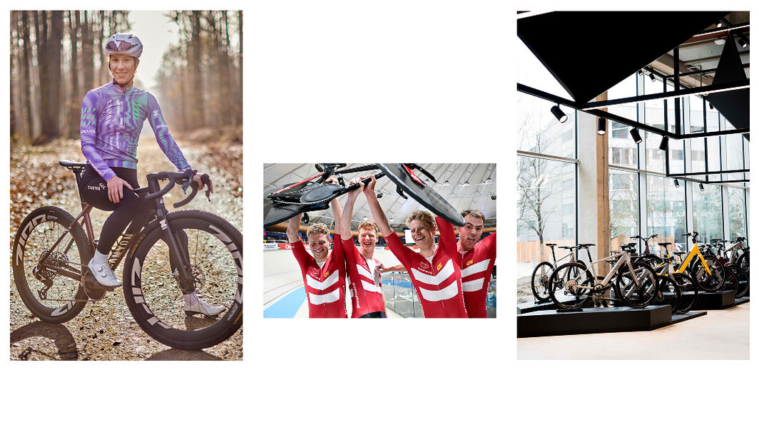 Left: New Canyon signing Rosa Kloser had an unparalleled first season on her Grail CFR with wins everywhere she raced: &ldquo;Incredible handling and stability &ndash; the Grail upped my game.&rdquo; Centre: The Danish team pursuit squad won their third world championships title in a row in November on the Speedmax CFR Track. Right: The new Canyon flagship store opened in Munich in March. 