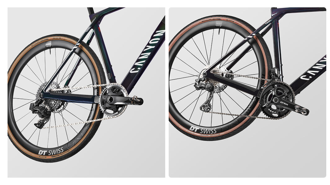 Side-by-side image of Grail CFR eTap with 1x drivetrain and Grail CF SLX Di2 with 2x setup, highlighting gravel bike gearing options for performance and versatility