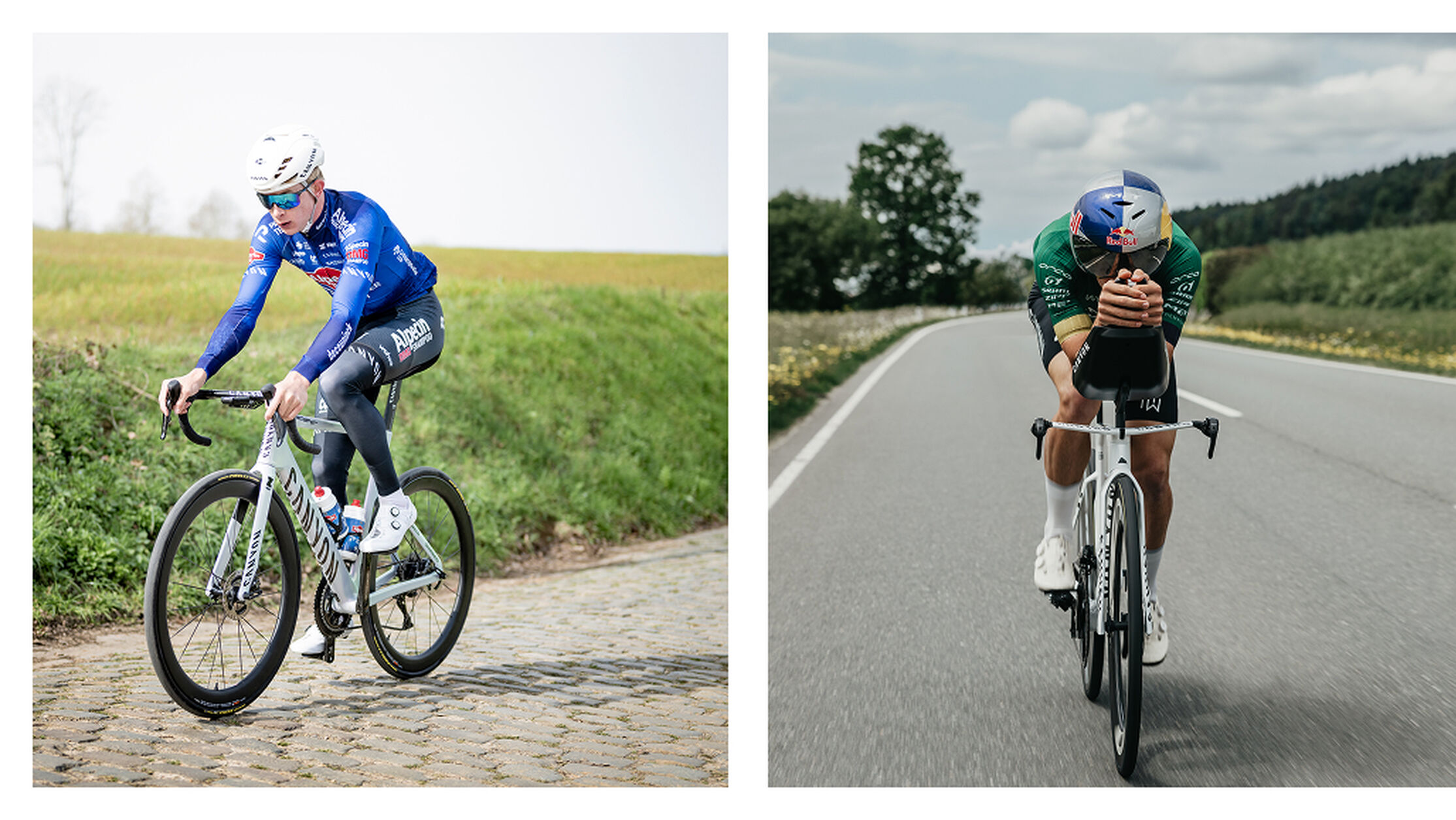The versatile Canyon Endurace CFR built for long-distance comfort (left) versus the aerodynamic Canyon Speedmax engineered for maximum speed against the clock (right).