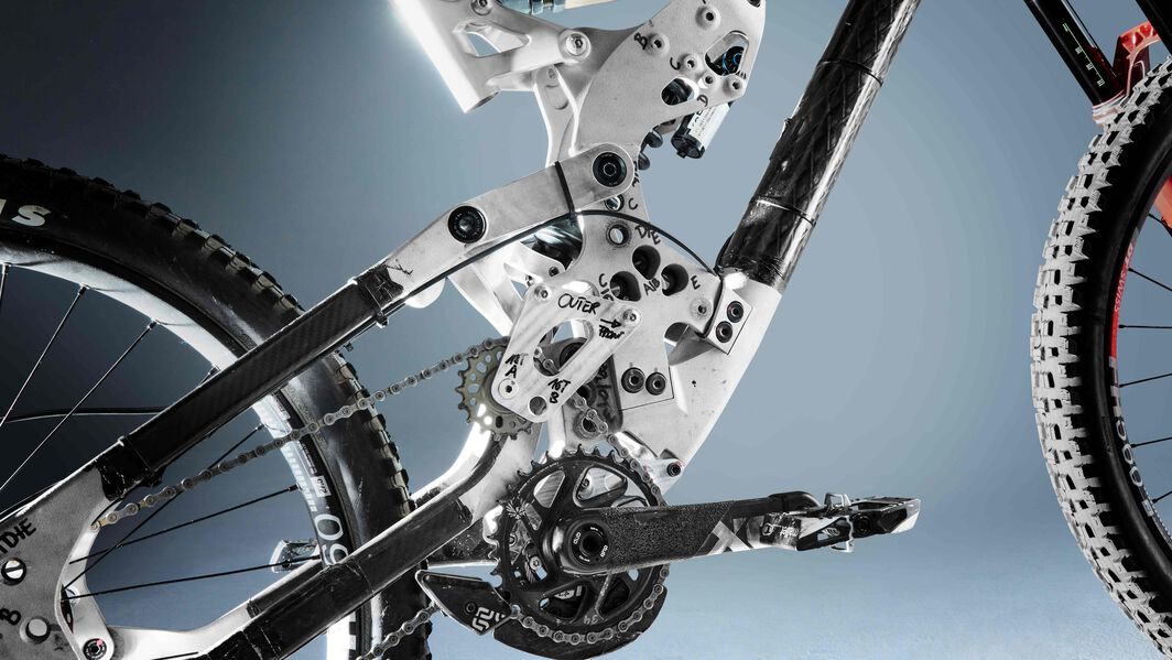 &lsquo;The Monster&rsquo; prototype downhill bike that allowed Canyon&rsquo;s engineers and pro riders test different setups to find the perfect formula for the new Sender CFR.