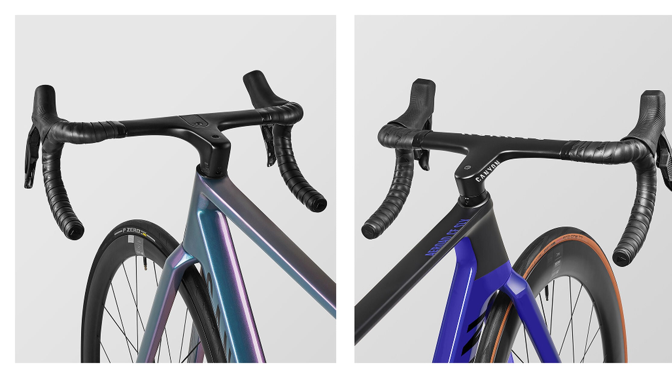 Built for the front of the peloton, both the Aeroad CF SLX (right) and Ultimate CF SLX (left) pair pro-level integrated front ends with low-profile tyres for razor-sharp handling.