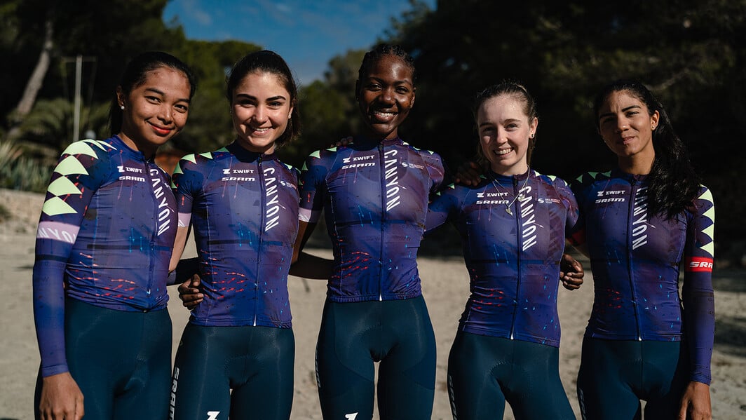 Agua (right) with her CANYON//SRAM Generation teammates at a recent training camp. 